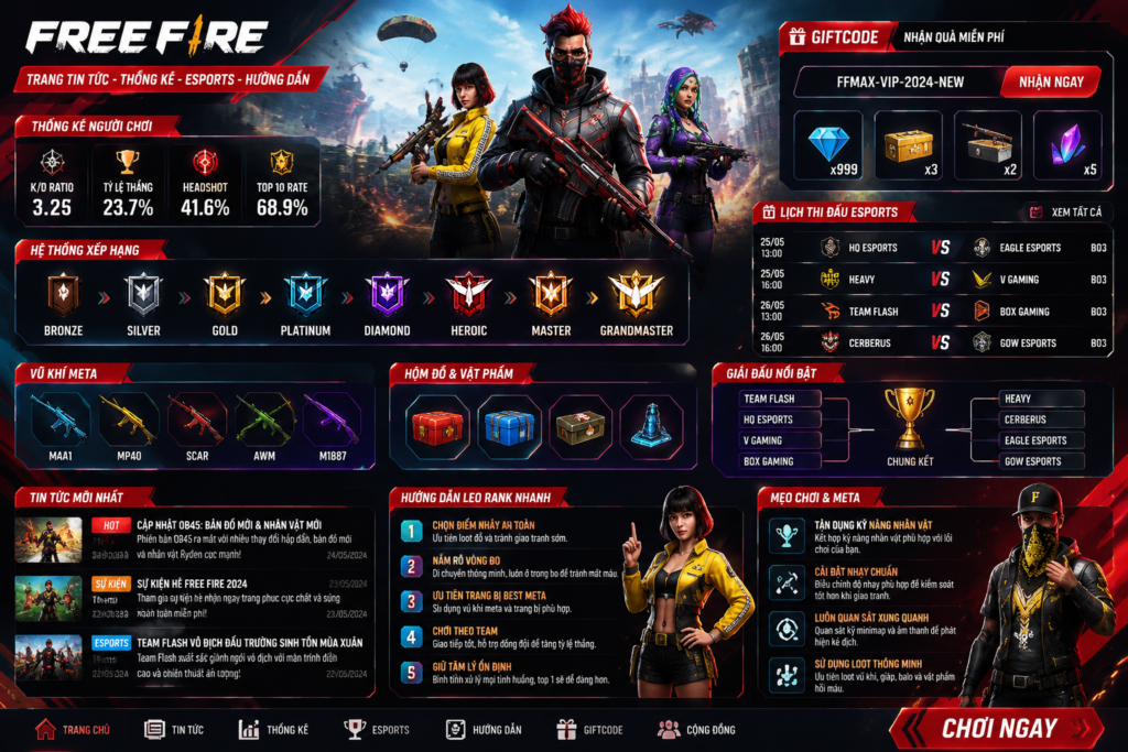 Tra cứu chỉ số Free Fire, Gift Code mới nhất, lịch thi đấu FF Esports, tin tức & hướng dẫn leo rank nhanh nhất