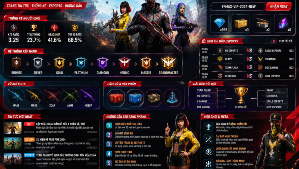 Professional Free Fire infographic showing player stats, gift codes, esports tournament schedule, ranking system, and gameplay tips for faster rank progression.