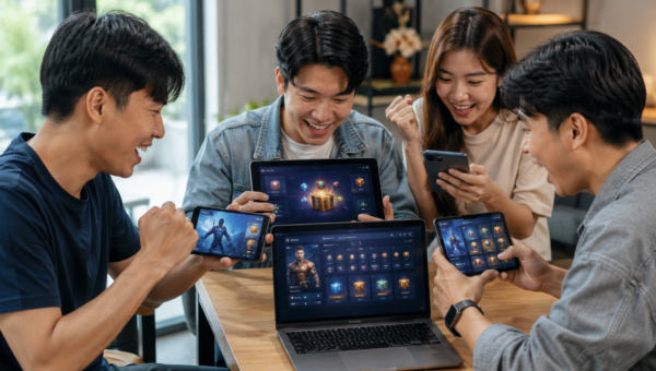Vietnamese gamers using smartphones, laptops, and tablets to search UID information and redeem the latest gift codes while viewing gaming dashboards and reward notifications in a modern digital environment.